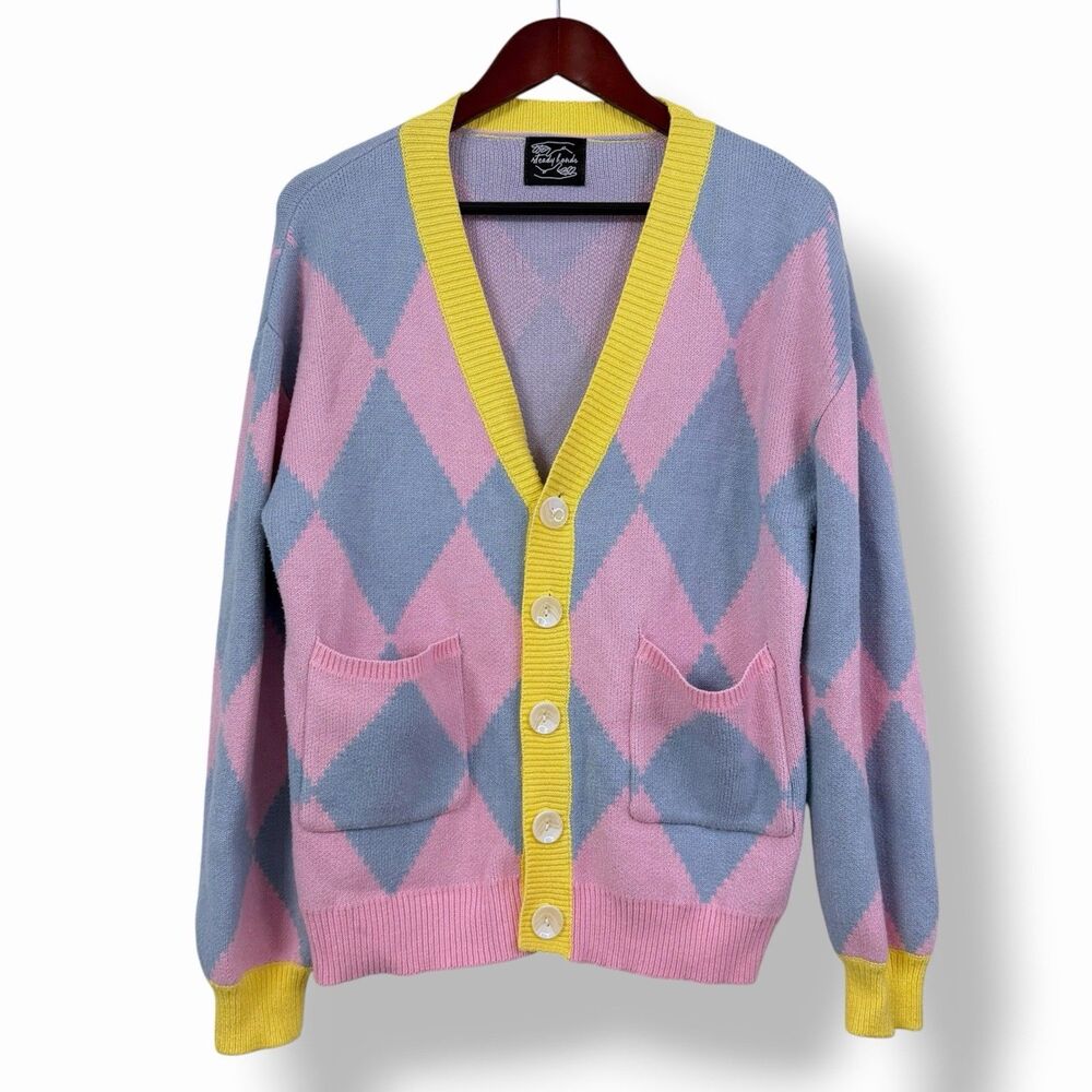 Steady Hands Howls Moving Castle Cardigan Oversized XS Pink Blue Argyle Sweater